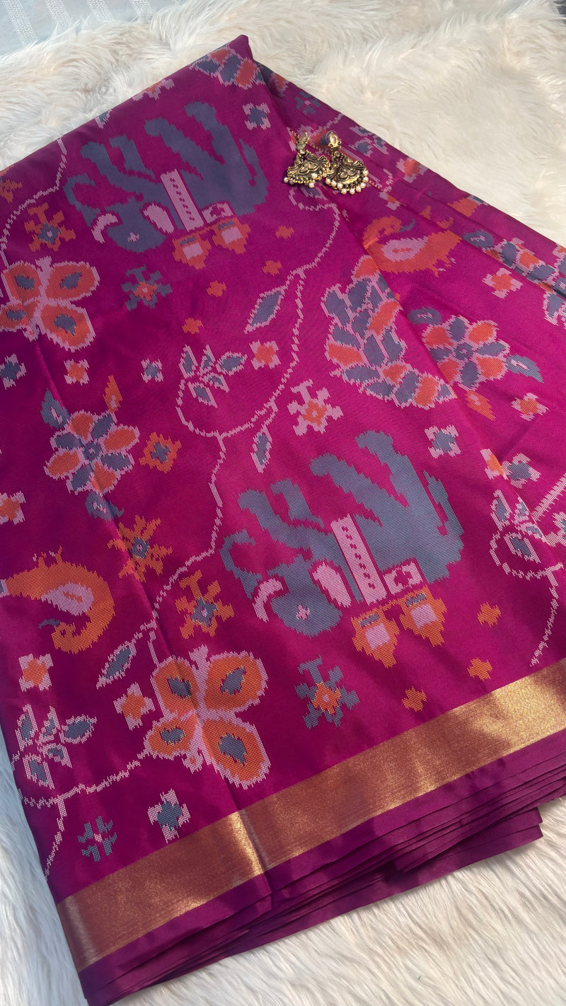 Maya Purple Ikkat Print Soft Blended Silk Saree | Radhe Ethnics