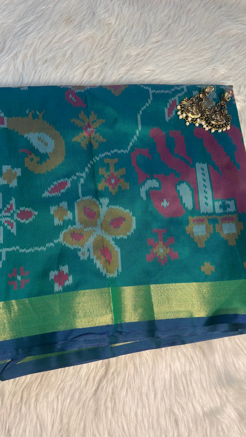Maya Teal Green Ikkat Print Soft Blended Silk Saree | Radhe Ethnics