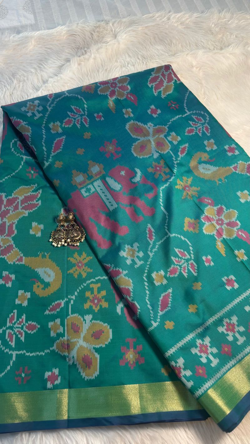 Maya Teal Green Ikkat Print Soft Blended Silk Saree | Radhe Ethnics