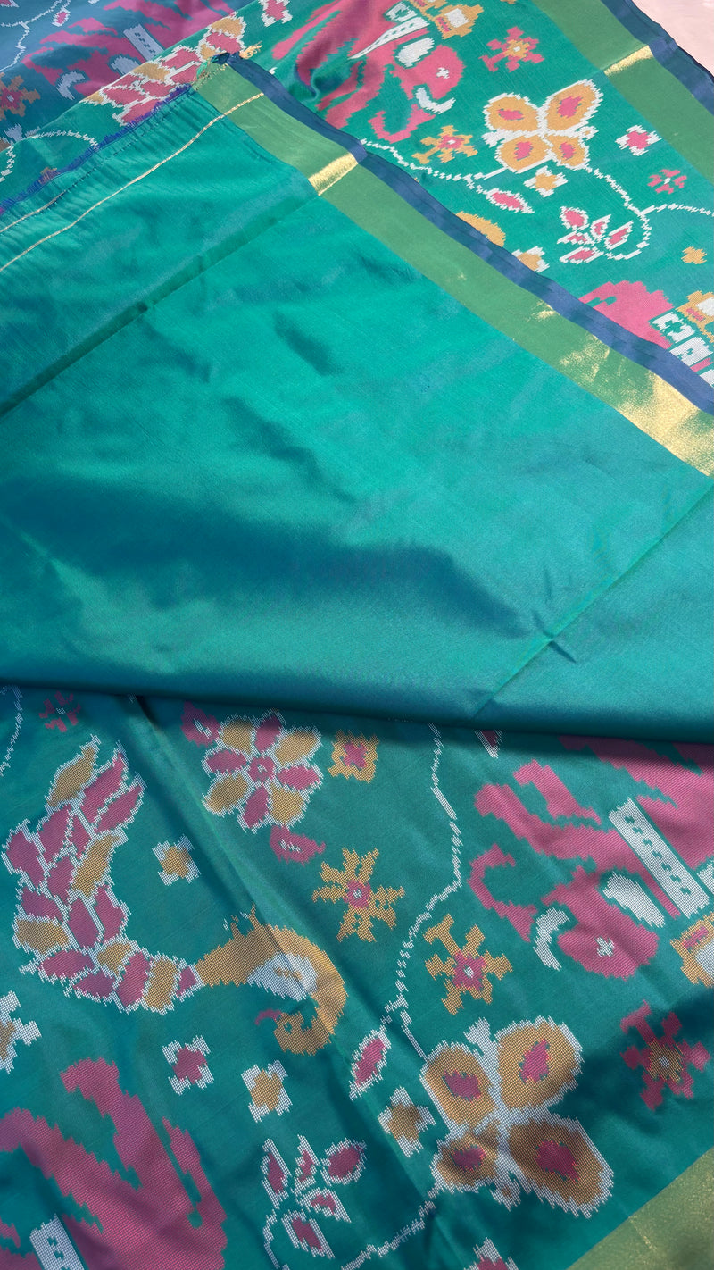Maya Teal Green Ikkat Print Soft Blended Silk Saree | Radhe Ethnics