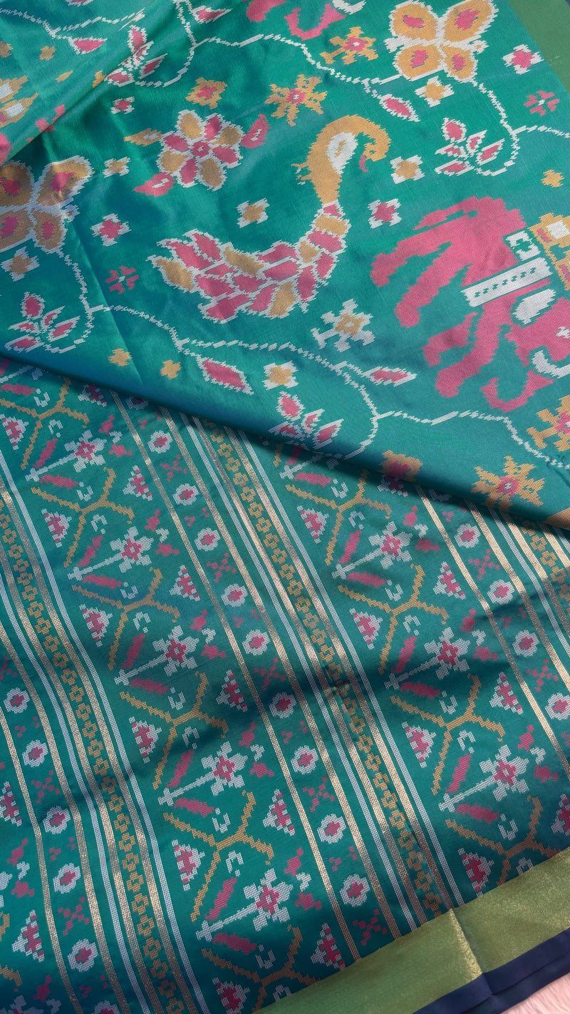 Maya Teal Green Ikkat Print Soft Blended Silk Saree | Radhe Ethnics