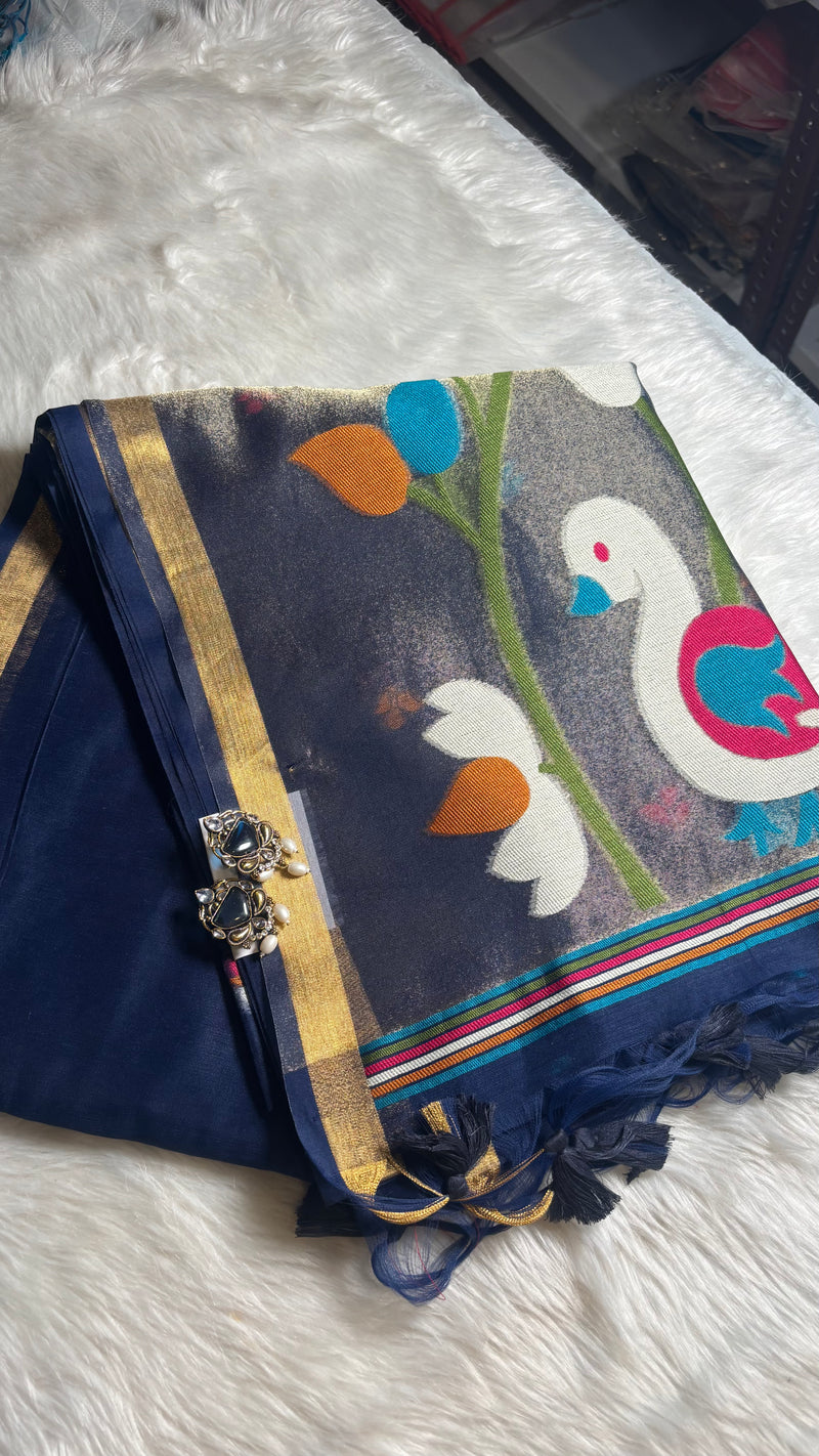 Pakhi Dark Blue Cotton Silk Jamdhani Saree | Radhe Ethnics
