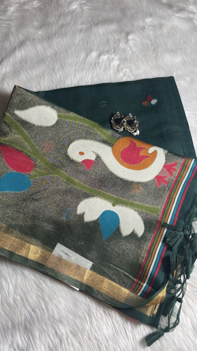 Pakhi Bottle green Cotton Silk Jamdhani Saree | Radhe Ethnics