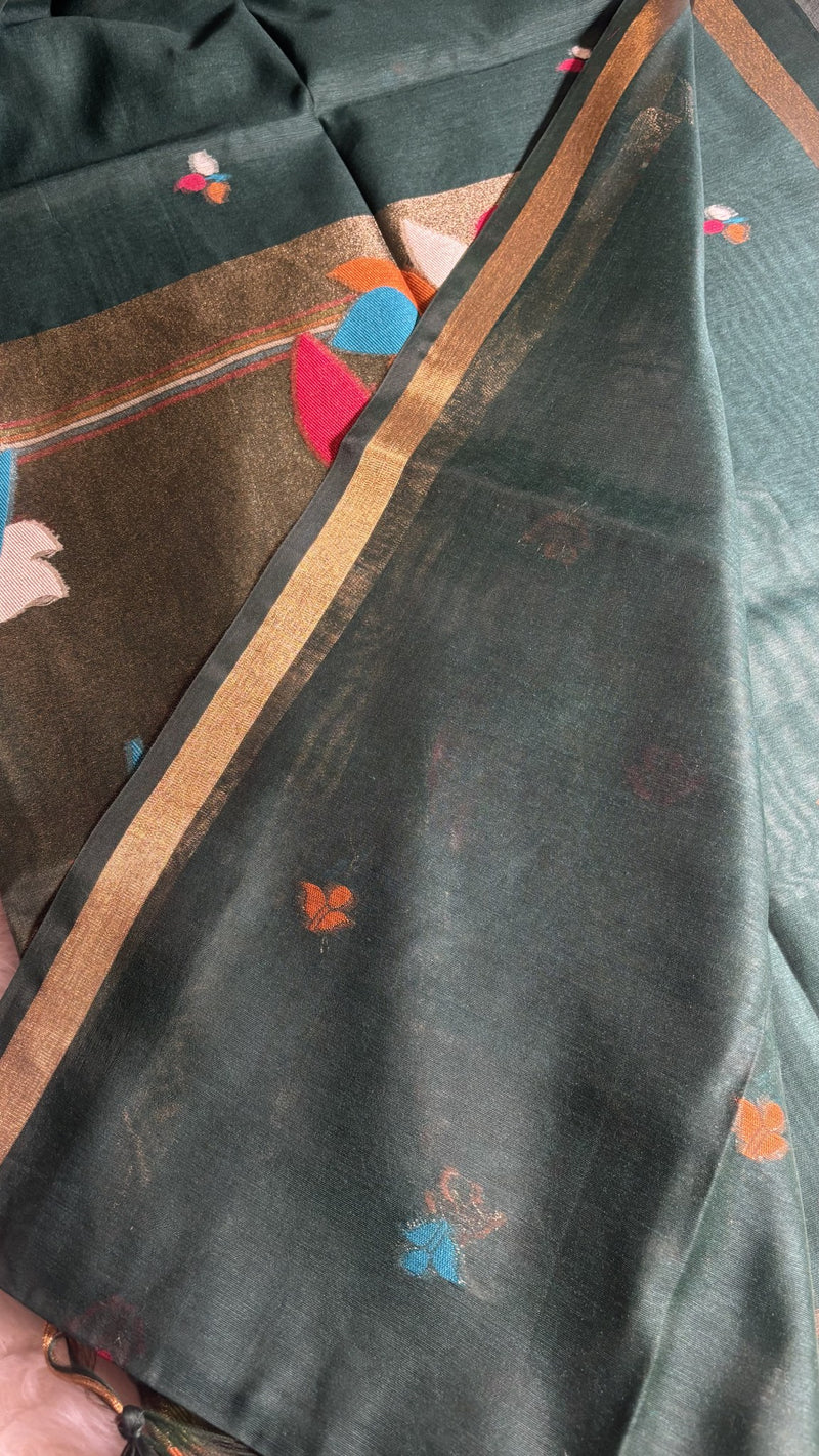 Pakhi Bottle green Cotton Silk Jamdhani Saree | Radhe Ethnics