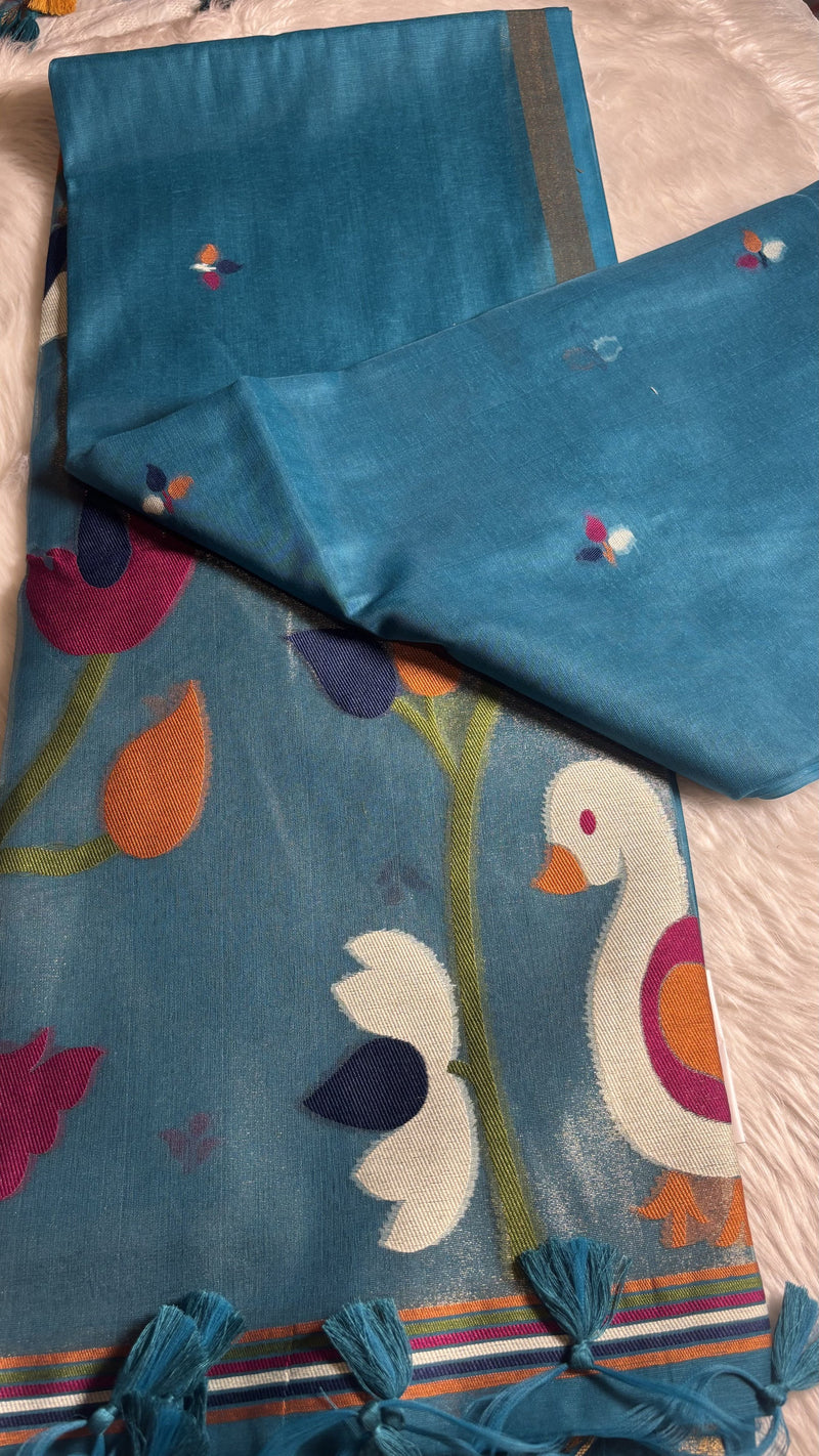 Pakhi – Turquoise Blue Cotton Silk Jamdhani Saree | Radhe Ethnics