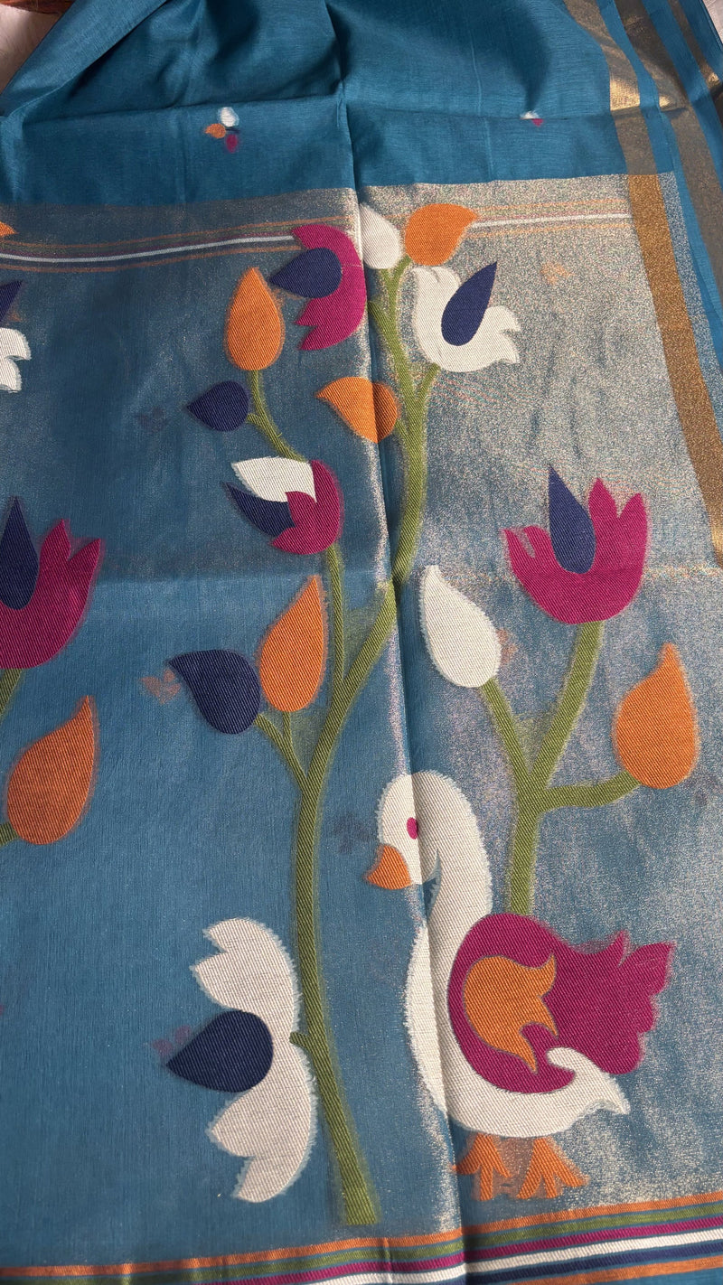 Pakhi – Turquoise Blue Cotton Silk Jamdhani Saree | Radhe Ethnics