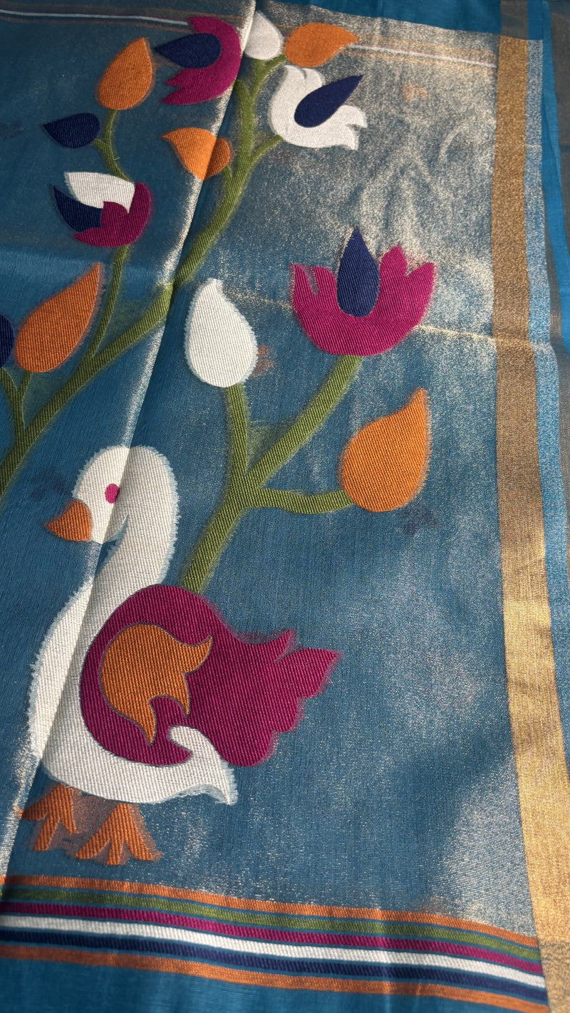 Pakhi – Turquoise Blue Cotton Silk Jamdhani Saree | Radhe Ethnics