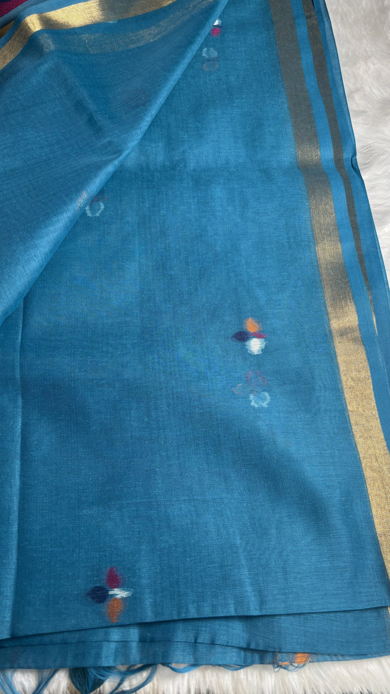 Pakhi – Turquoise Blue Cotton Silk Jamdhani Saree | Radhe Ethnics