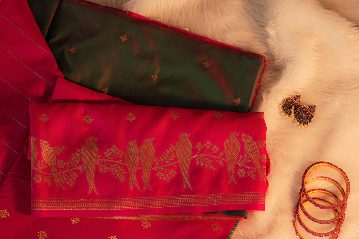 Vamika Rani Pink Soft Silk Saree with Green Pallu | Radhe Ethnics