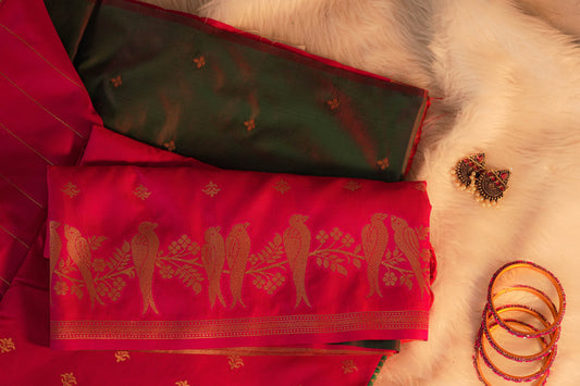 Vamika Rani Pink Soft Silk Saree with Green Pallu | Radhe Ethnics