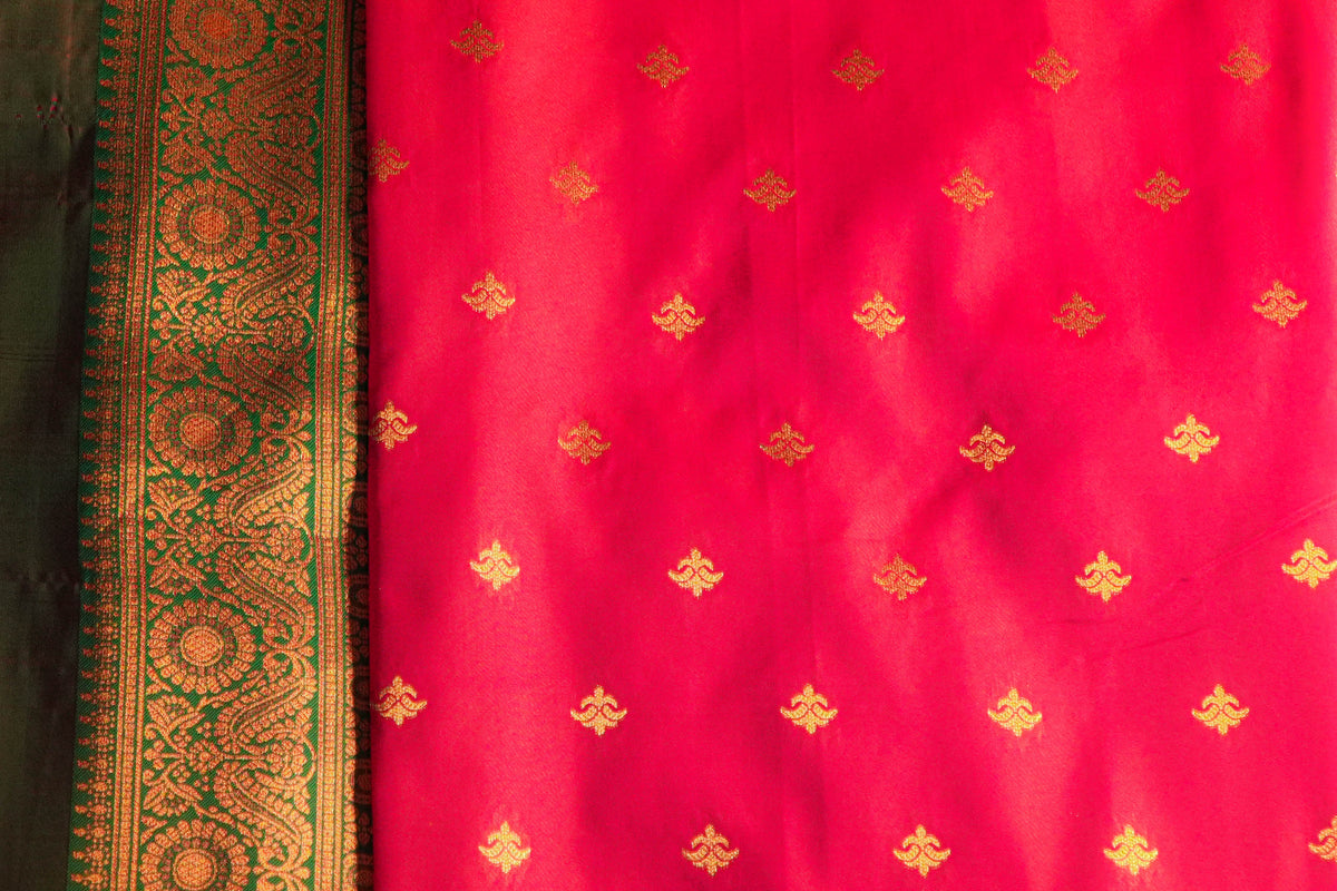 Vamika Rani Pink Soft Silk Saree with Green Pallu | Radhe Ethnics