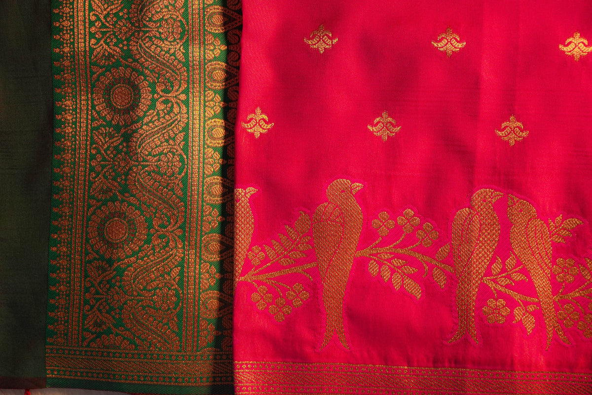 Vamika Rani Pink Soft Silk Saree with Green Pallu | Radhe Ethnics