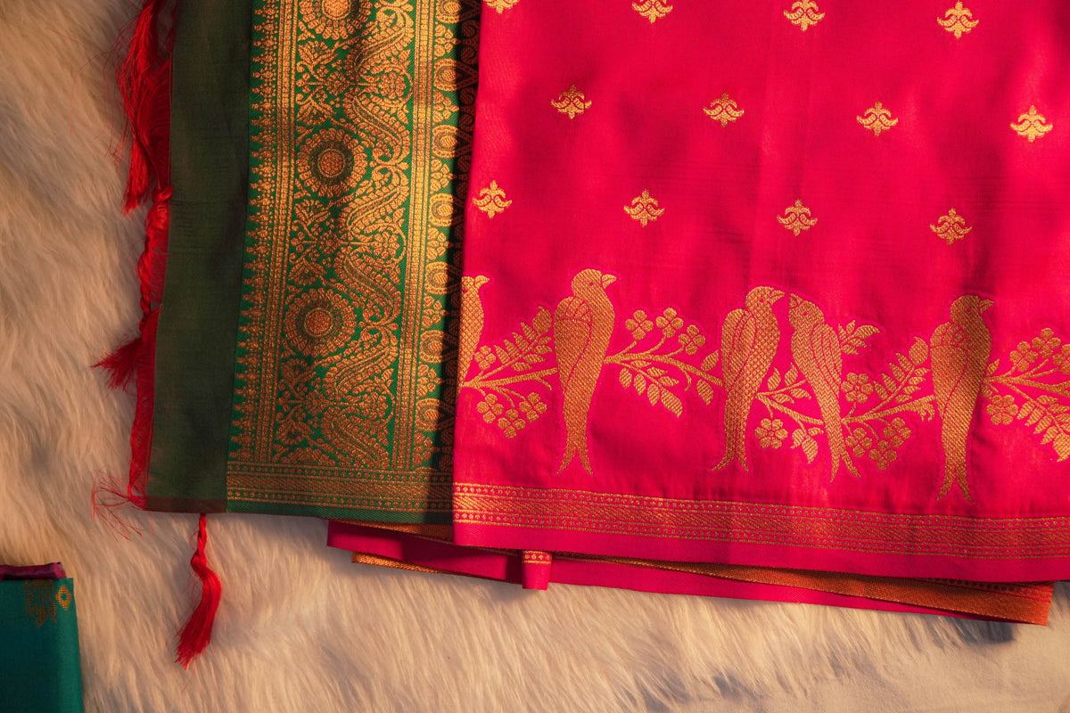 Vamika Rani Pink Soft Silk Saree with Green Pallu | Radhe Ethnics