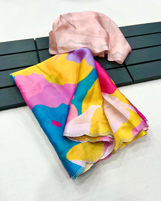 Multicolor Abstract Satin Silk Saree with Swarovski Border
