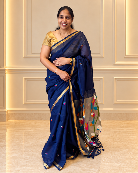 Pakhi Dark Blue Cotton Silk Jamdhani Saree | Radhe Ethnics