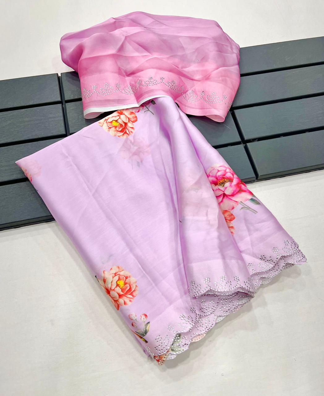 Pastel Lilac Floral Satin Silk Saree with Swarovski Border