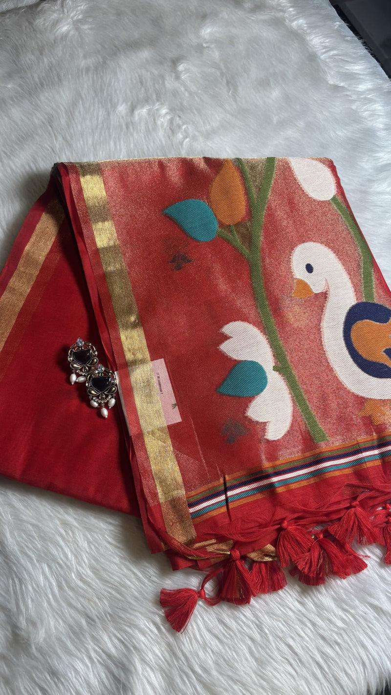 Pakhi – Red Cotton Silk Jamdhani Saree | Radhe Ethnics