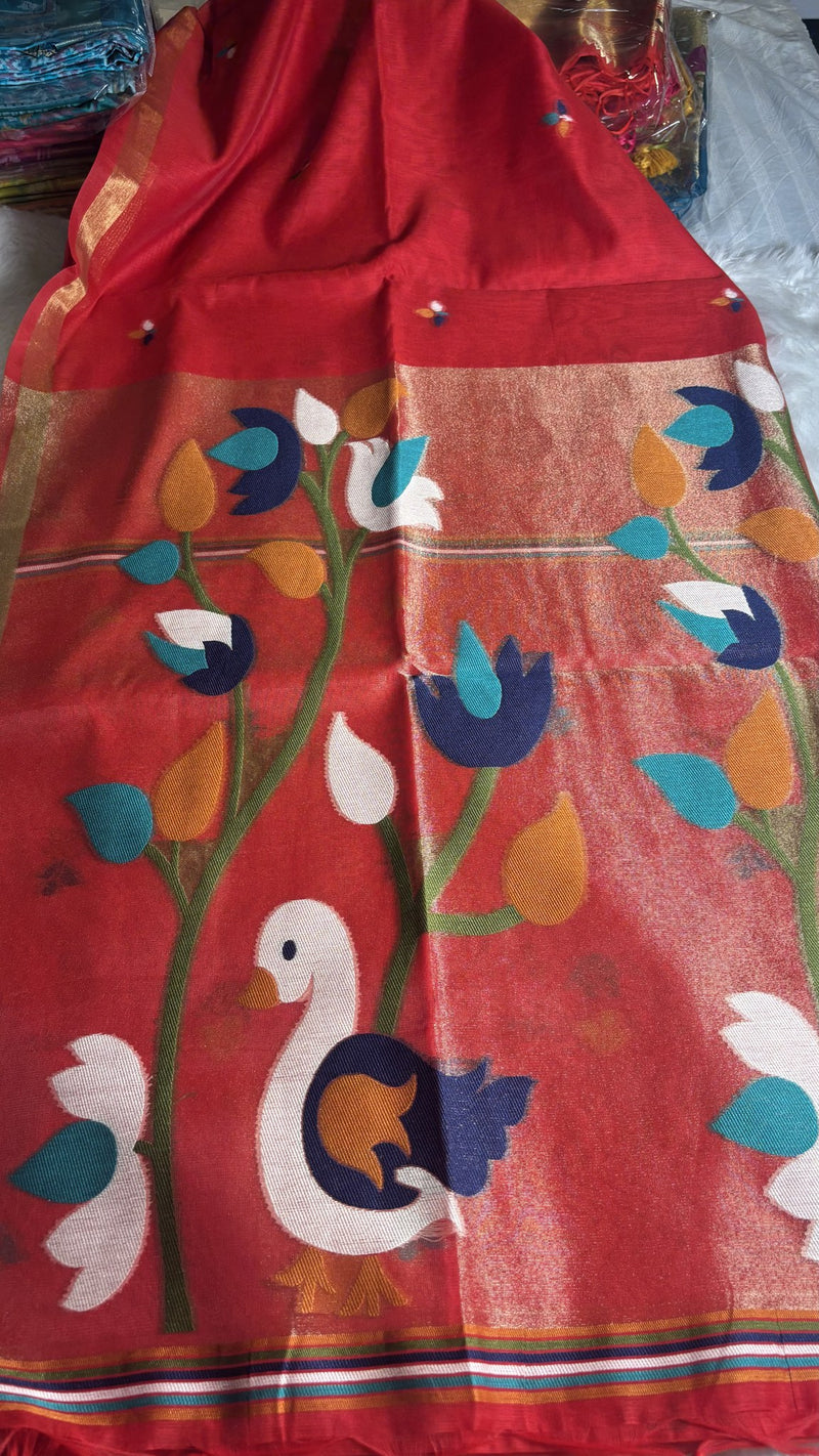 Pakhi – Red Cotton Silk Jamdhani Saree | Radhe Ethnics