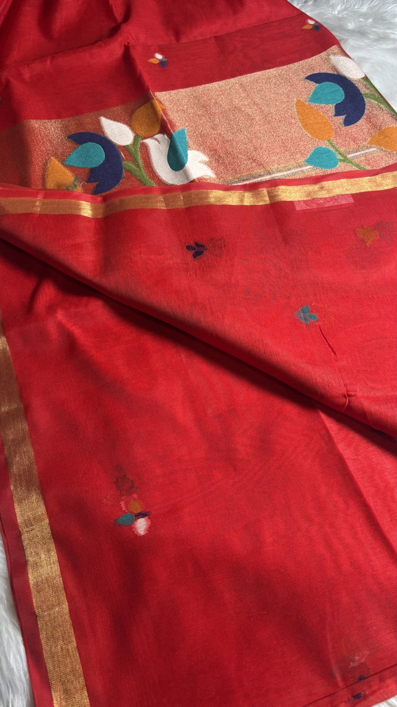 Pakhi – Red Cotton Silk Jamdhani Saree | Radhe Ethnics