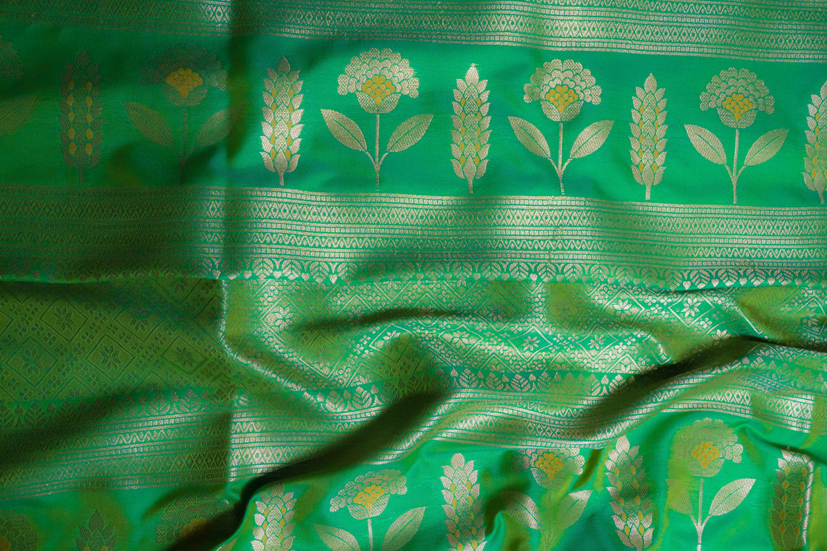 Rima Olive Green Soft Silk Saree with Emerald Green Zari Border & Pallu | Radhe Ethnics