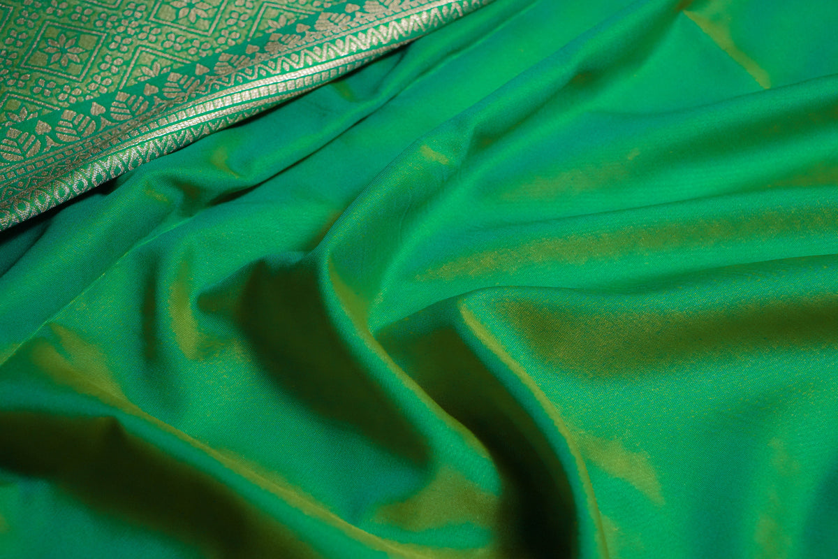 Rima Olive Green Soft Silk Saree with Emerald Green Zari Border & Pallu | Radhe Ethnics