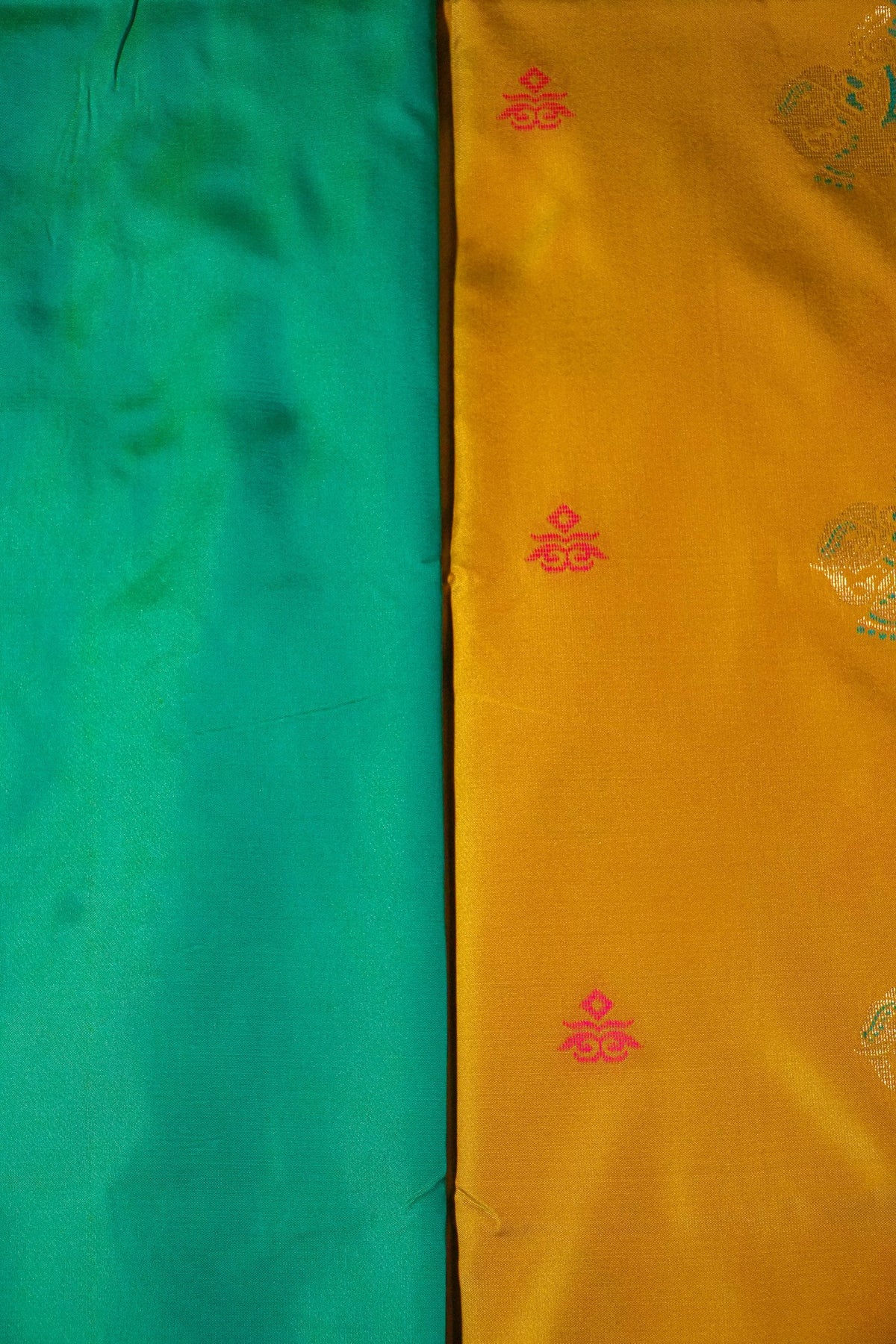 Avani Mustard Yellow Soft Silk Saree with Teal Pallu | Radhe Ethnics