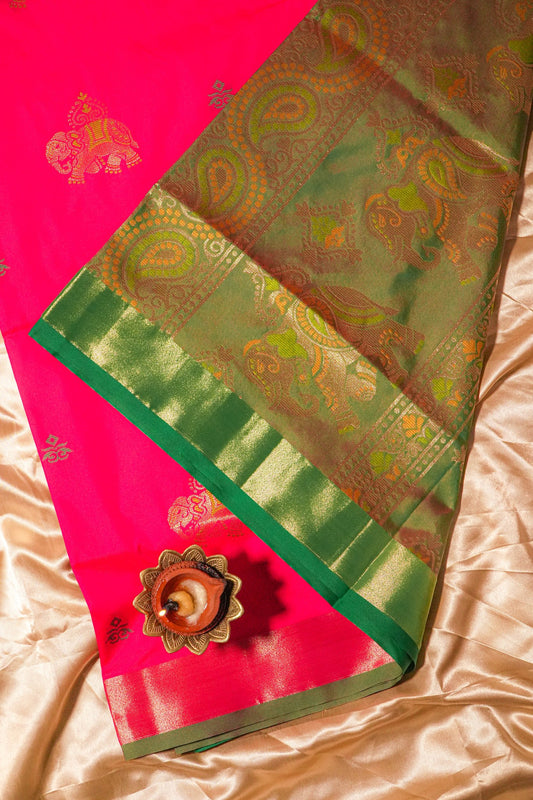 Avani Rani Pink Soft Silk Saree with Green Pallu | Radhe Ethnics